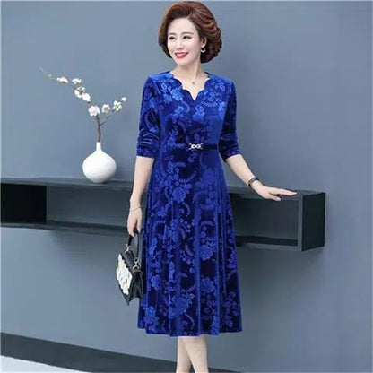 🔥【Bestseller】👗【XL-5XL】Złota aksamitna sukienka z długim rękawem i dekoltem w kształcie litery V 2025-3919035