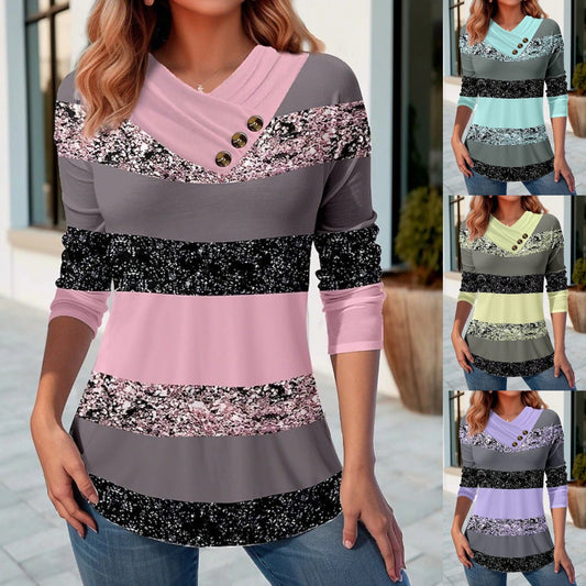 ✨30% OFF✨【S-5XL】Damska nowa bluzka jesienno-zimowa z dekoltem V i kontrastowymi kolorami-3919015
