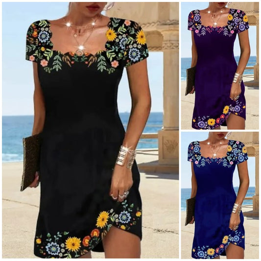 【Oryginalna zniżka fabryczna 45%】2025 Summer Wave Neck Print Short Sleeve Dress