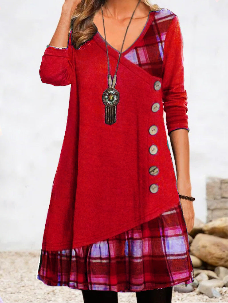 🍂【45% zniżki】【S-3XL】2024 nowa codzienna sukienka w kratę z długimi rękawami-3818367