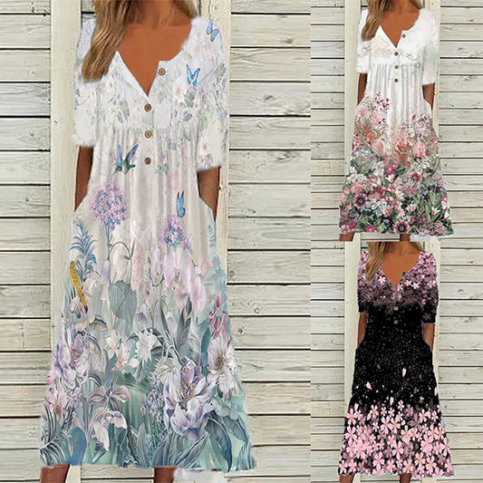 【Oryginalna zniżka fabryczna 45%】Wiosna nowe popularne drukowane V-neck przycisk krótki rękaw sukienka