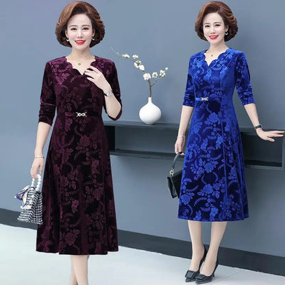 🔥【Bestseller】👗【XL-5XL】Złota aksamitna sukienka z długim rękawem i dekoltem w kształcie litery V 2025-3919035