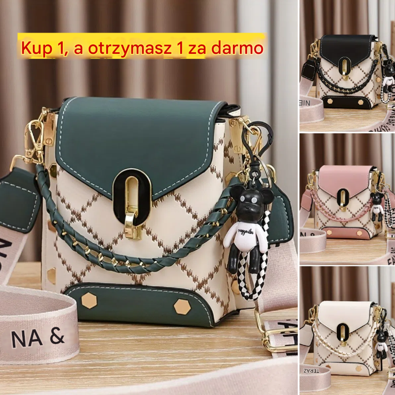 【Oferta ważna tylko dziś】Stylowa dwukolorowa pikowana torba na ramię w kształcie diamentu dla kobiet - swobodna torba na telefon ze złotymi dodatkami, czarno-biały odpinany pasek-3883282
