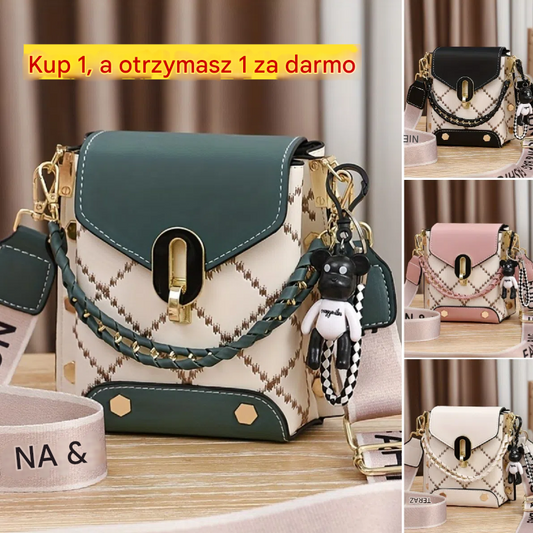 【Oferta ważna tylko dziś】Stylowa dwukolorowa pikowana torba na ramię w kształcie diamentu dla kobiet - swobodna torba na telefon ze złotymi dodatkami, czarno-biały odpinany pasek-3883282