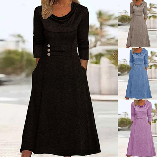 👗【S-3XL】2024 nowa jesienna sukienka z kieszeniami w jednolitym kolorze-3853653