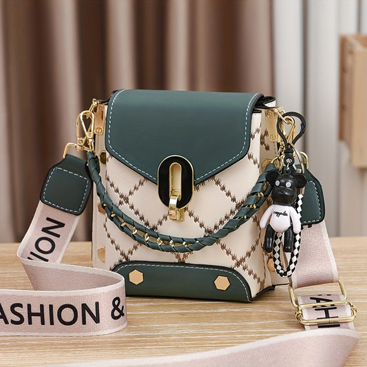 【Oferta ważna tylko dziś】Stylowa dwukolorowa pikowana torba na ramię w kształcie diamentu dla kobiet - swobodna torba na telefon ze złotymi dodatkami, czarno-biały odpinany pasek-3883282