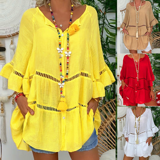 【S-5XL】 Nowy top damski z lnu bawełnianego z luźnym dekoltem w szpic-3923684