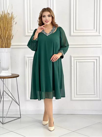 💃💞【S-5XL】 Szyfonowa sukienka z temperamentnym perłowym dekoltem