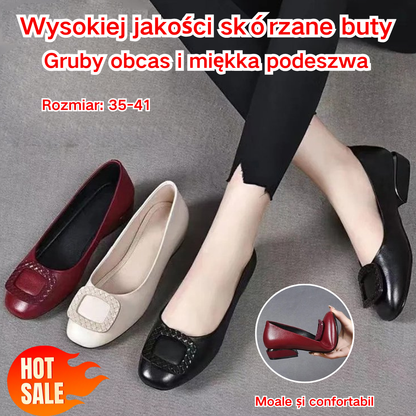🔥【35-41】👠2025 Damskie buty skórzane z miękką podeszwą i grubym okrągłym obcasem-3930451