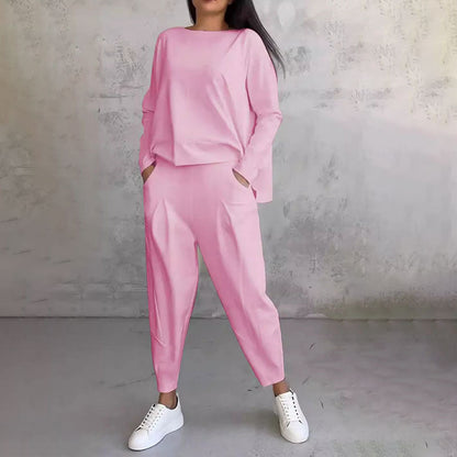 💥Promocja czasowa 50%💖 Zestaw z długim rękawem, bluzka z okrągłym dekoltem i długie spodnie-3827129