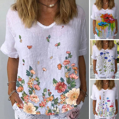 【Wiosenne nowości】【S-5XL】T-shirt z krótkim rękawem i bawełnianą lnianą nadrukiem w kwiaty-3916494