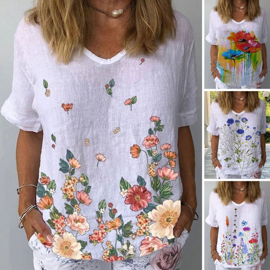 【Wiosenne nowości】【S-5XL】T-shirt z krótkim rękawem i bawełnianą lnianą nadrukiem w kwiaty-3916494