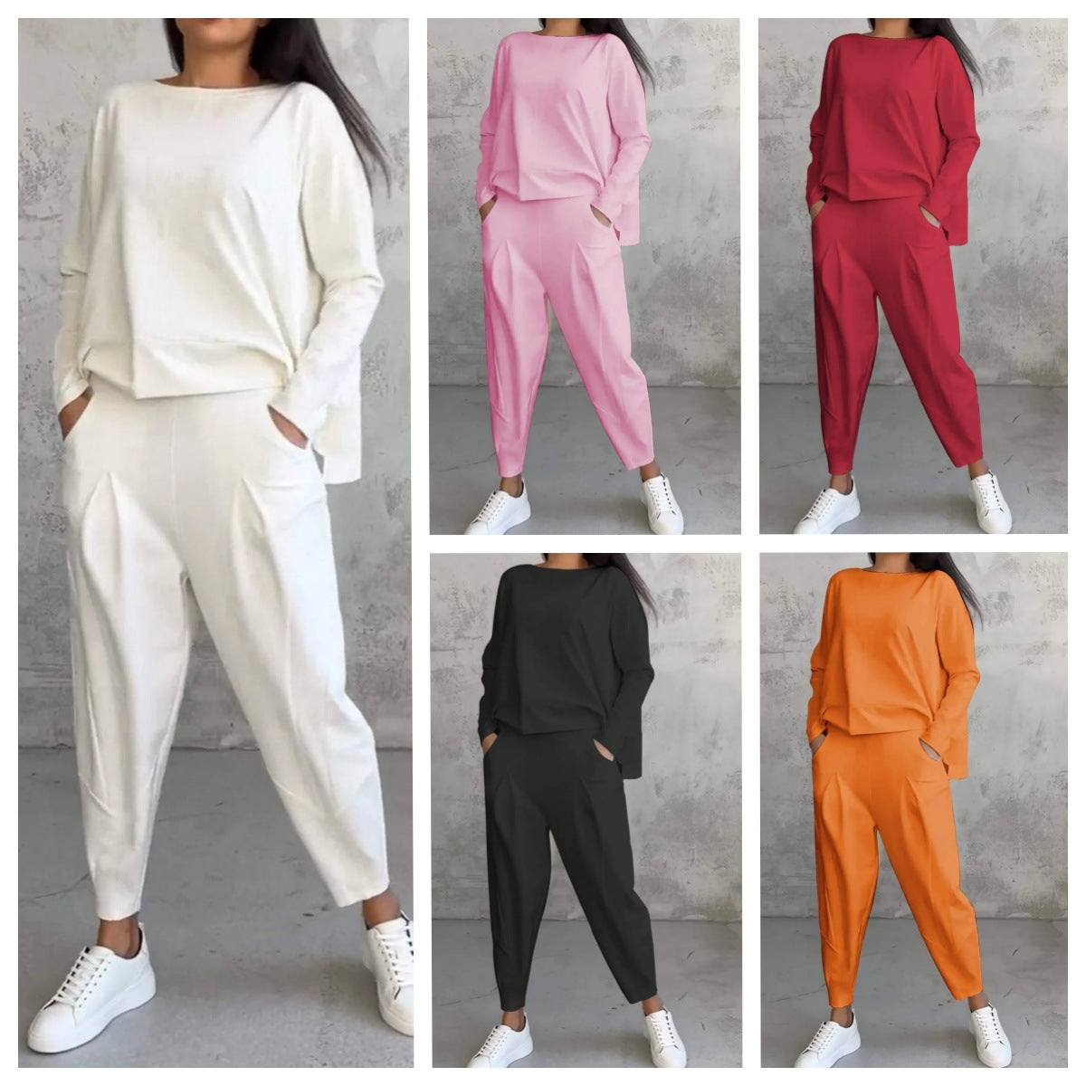 💥Promocja czasowa 50%💖 Zestaw z długim rękawem, bluzka z okrągłym dekoltem i długie spodnie-3875008