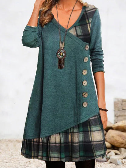 🍂【45% zniżki】【S-3XL】2024 nowa codzienna sukienka w kratę z długimi rękawami-3818367