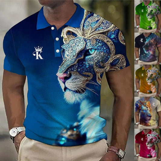 【Novi modeli sniženi 45%.】【S-6XL】Męska koszulka polo z nadrukiem 3D z lwem-3917040