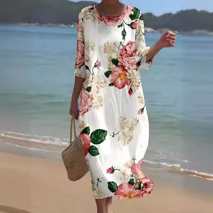 🔥【nowa wiosenna spódnica】🔥【S-5XL】💐2024 Nowa sukienka z okrągłym dekoltem i kwiatowym nadrukiem-3916495