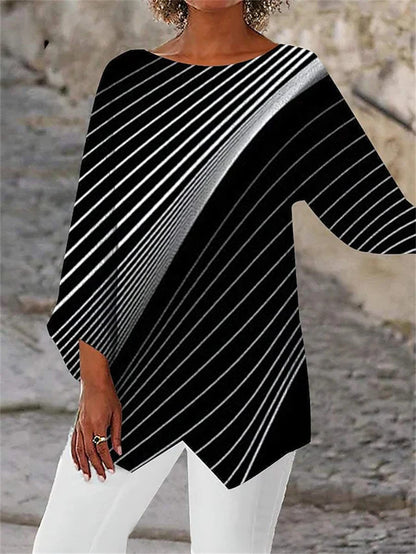 Spring Summer Geometric Print Long Sleeve Patchwork Crew Neck Shirt-3913293