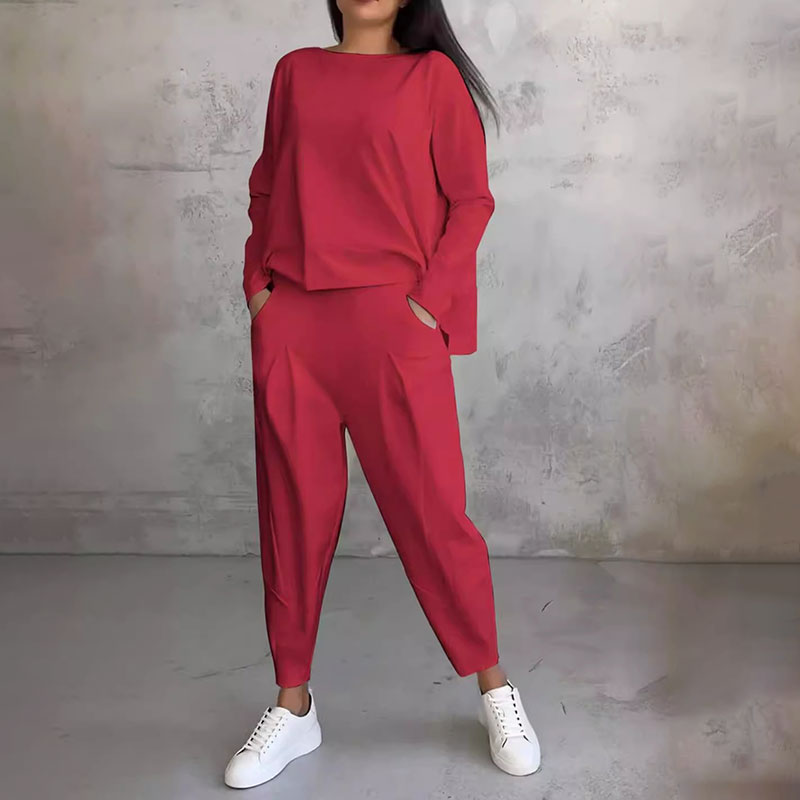 💥Promocja czasowa 50%💖 Zestaw z długim rękawem, bluzka z okrągłym dekoltem i długie spodnie-3827129