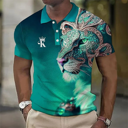 【Novi modeli sniženi 45%.】【S-6XL】Męska koszulka polo z nadrukiem 3D z lwem-3917040