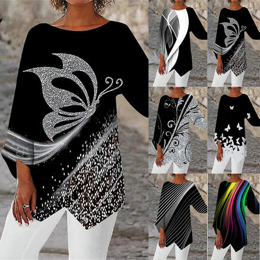 Spring Summer Geometric Print Long Sleeve Patchwork Crew Neck Shirt-3913293