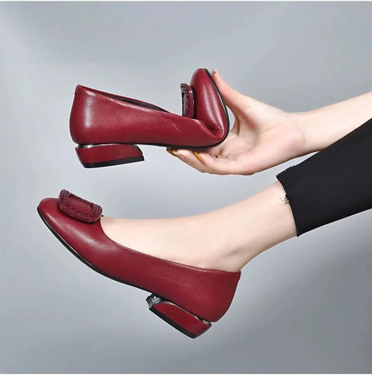 🔥【35-41】👠2025 Damskie buty skórzane z miękką podeszwą i grubym okrągłym obcasem-3930451