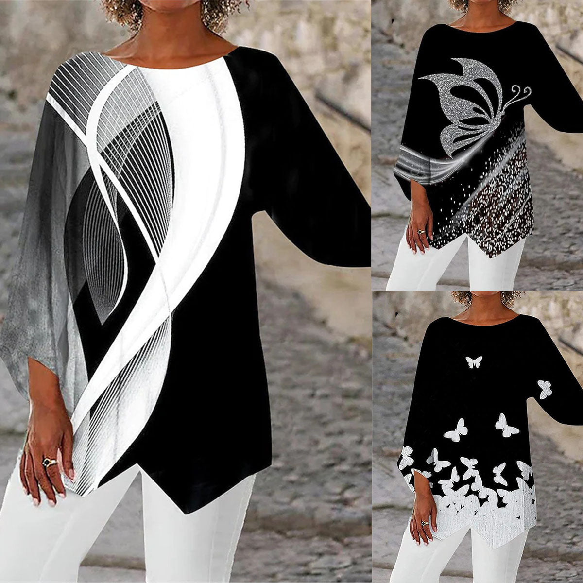 Spring Summer Geometric Print Long Sleeve Patchwork Crew Neck Shirt-3913293