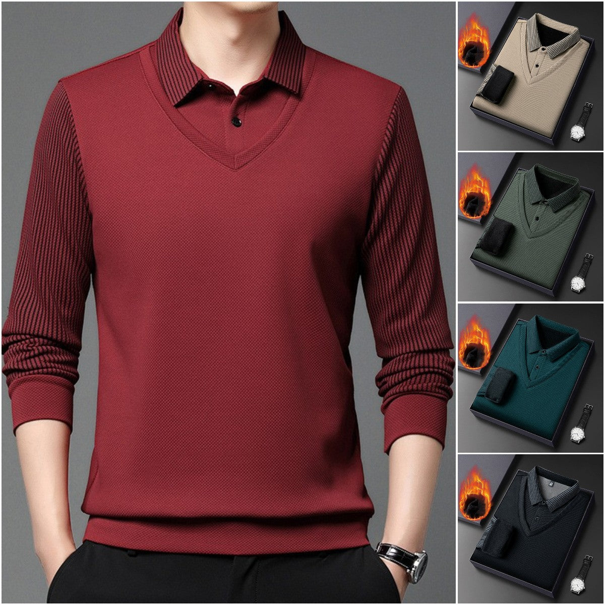 【M-4XL】👔 Dwuczęściowa koszulka POLO ze sztucznymi paskami-3838679