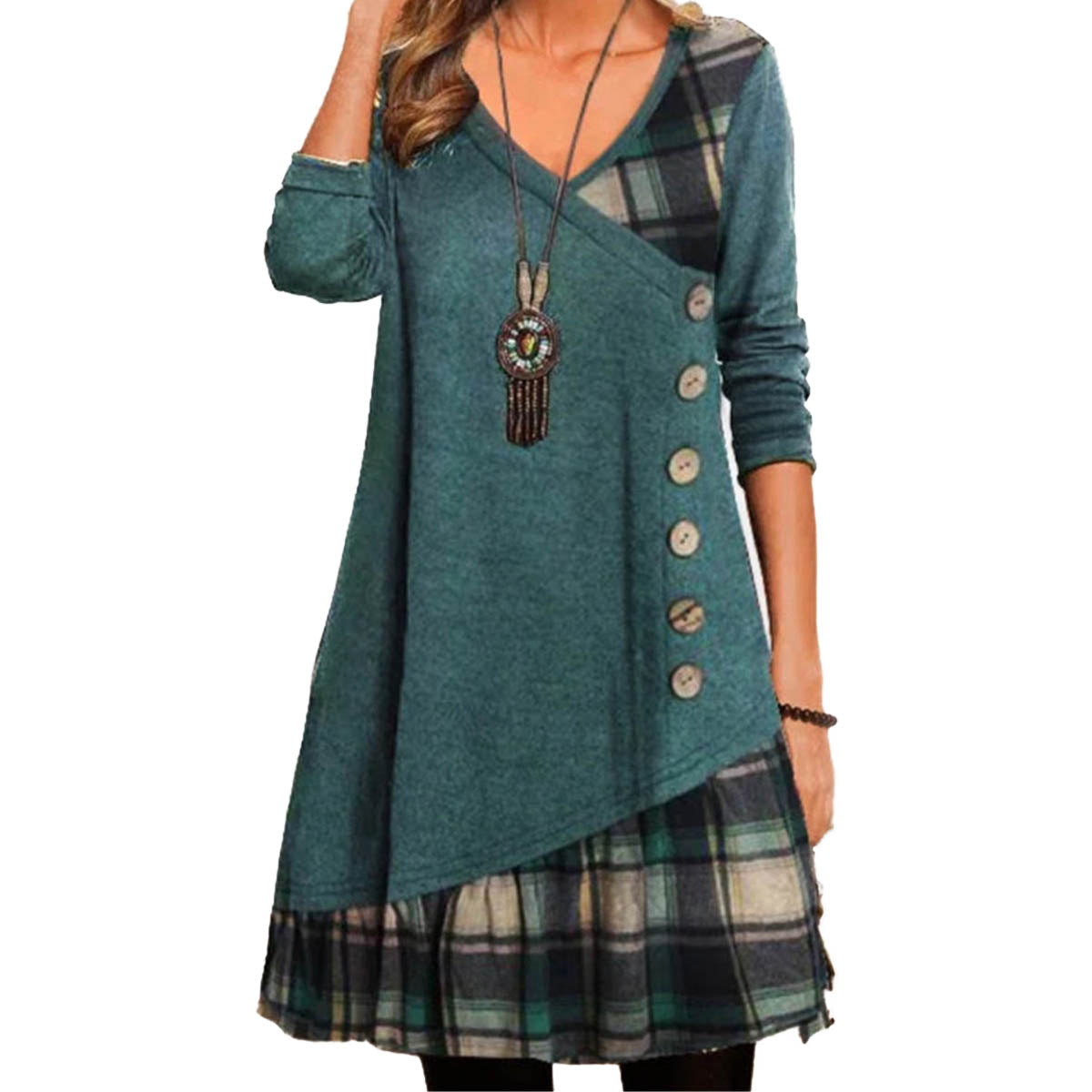 🍂【45% zniżki】【S-3XL】2024 nowa codzienna sukienka w kratę z długimi rękawami-3818367