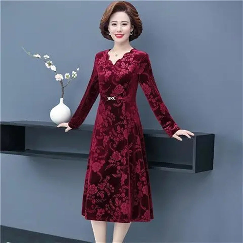 🔥【Bestseller】👗【XL-5XL】Złota aksamitna sukienka z długim rękawem i dekoltem w kształcie litery V 2025-3919035