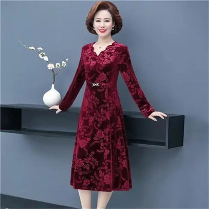 🔥【Bestseller】👗【XL-5XL】Złota aksamitna sukienka z długim rękawem i dekoltem w kształcie litery V 2025-3919035