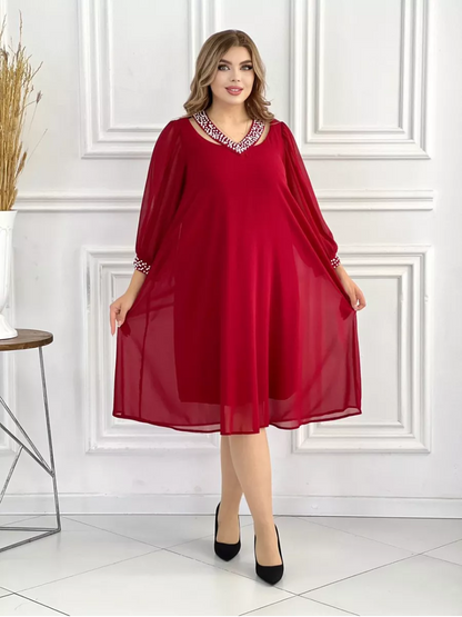 💃💞【S-5XL】 Szyfonowa sukienka z temperamentnym perłowym dekoltem