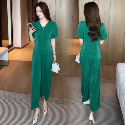 🌸【Top + Pantalones anchos】Traje de seda helada de moda