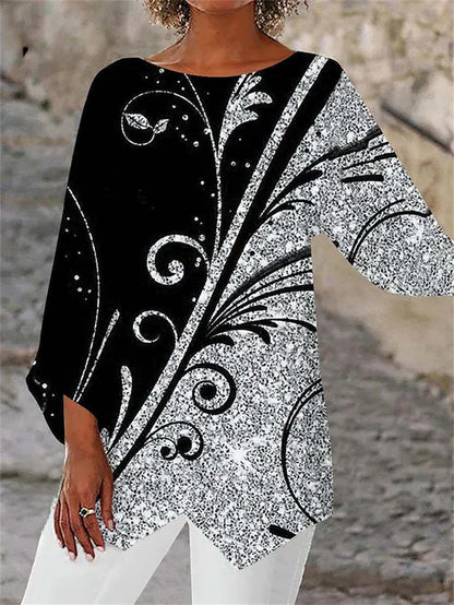 Spring Summer Geometric Print Long Sleeve Patchwork Crew Neck Shirt-3913293