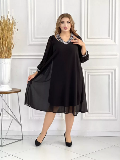 💃💞【S-5XL】 Szyfonowa sukienka z temperamentnym perłowym dekoltem
