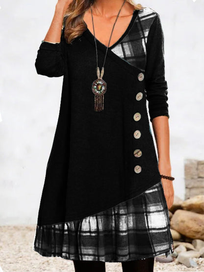 🍂【45% zniżki】【S-3XL】2024 nowa codzienna sukienka w kratę z długimi rękawami-3818367