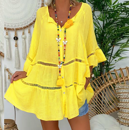 【S-5XL】 Nowy top damski z lnu bawełnianego z luźnym dekoltem w szpic-3923684