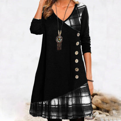 🍂【45% zniżki】【S-3XL】2024 nowa codzienna sukienka w kratę z długimi rękawami-3818367