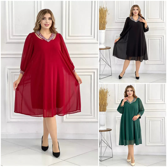 💃💞【S-5XL】 Szyfonowa sukienka z temperamentnym perłowym dekoltem