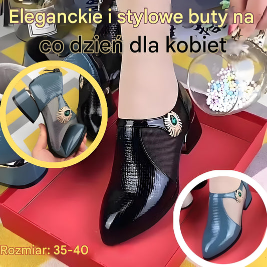 【35-40】👠✨Stylowe i eleganckie, skórzane, patchworkowe półbuty damskie na małym obcasie 💃🌟