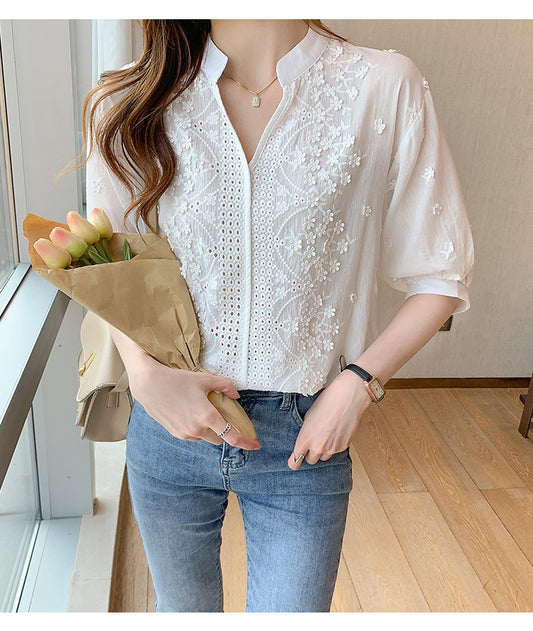 💐👏【Bestseller】【S-2XL】Elegancka bluzka damska w kwiatowy wzór z okrągłym otwarciem i haftem z pół rękawem-3922485